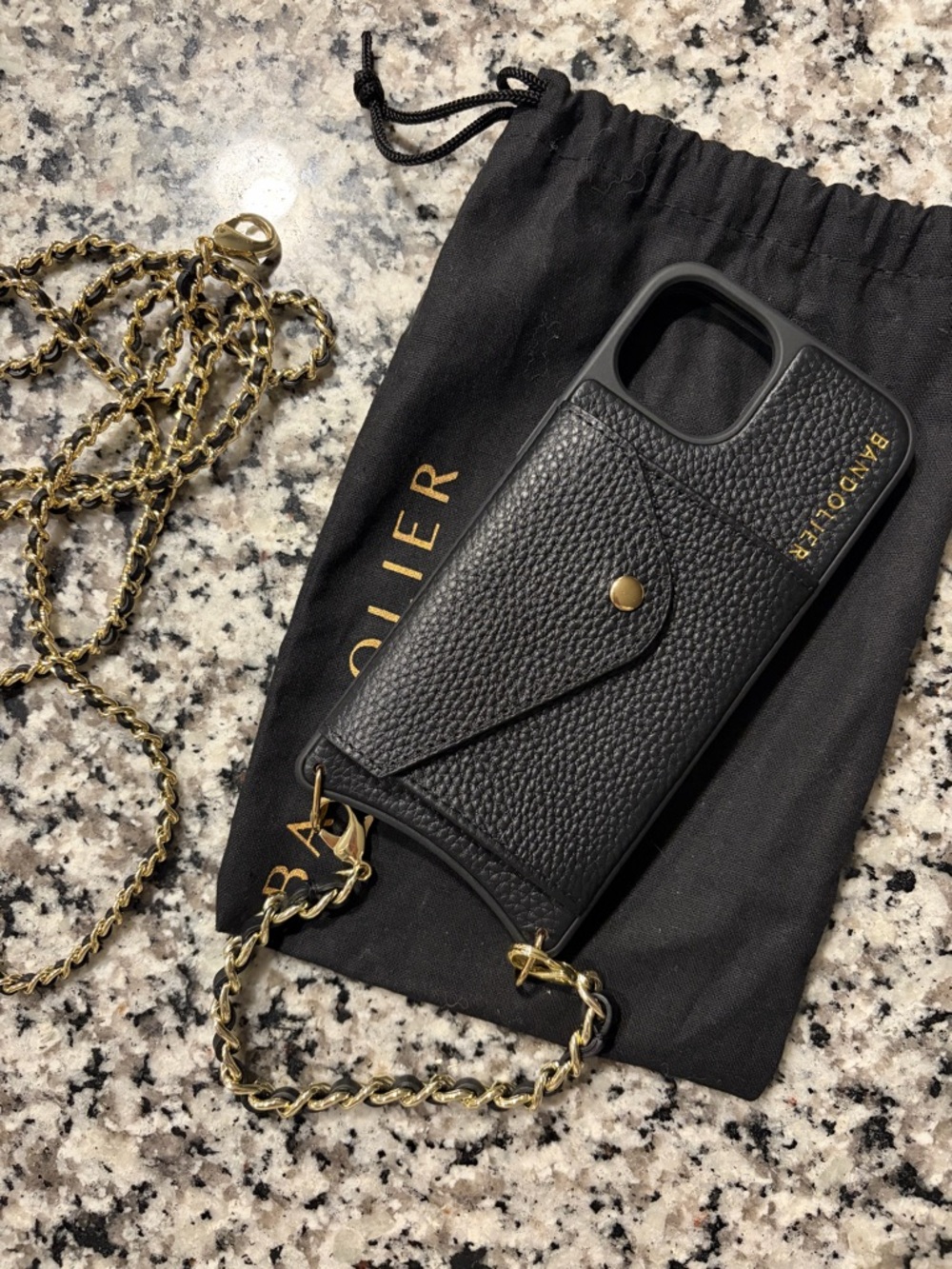 Bandolier Black Leather Crossbody Phone Case with Gold Chain Strap